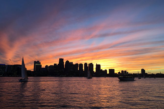 The Boston skyline from the harbour at sunset